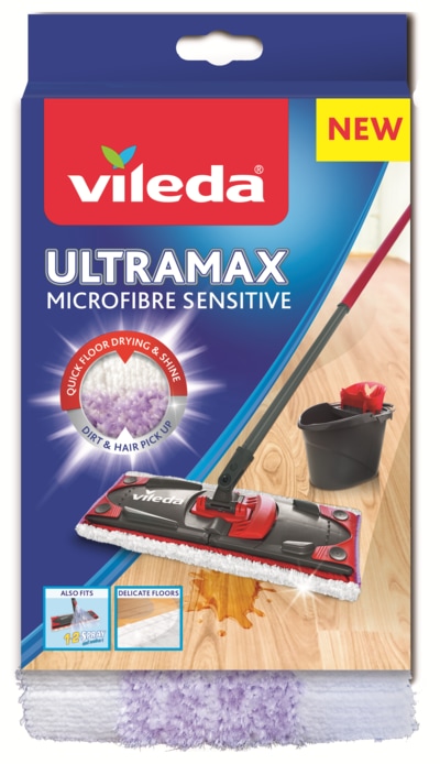 Vileda Recharge Ultramax Sensitive Spécial Parquet, Blanc, 1 Unité & Housse  Micro & Coton pour Balai à Plat Ultramax, 120g